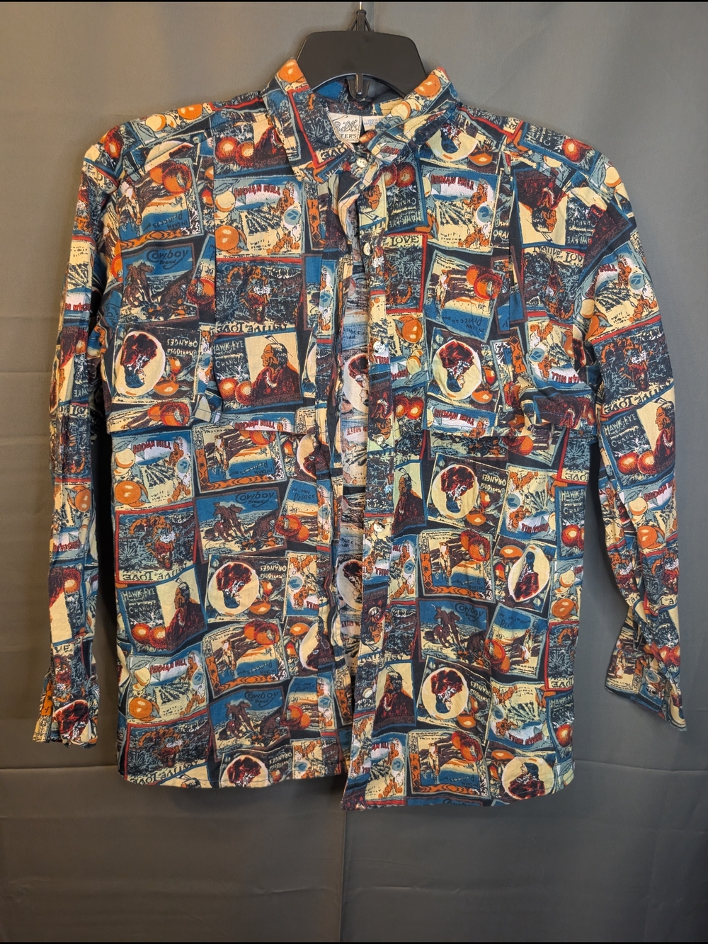 Vtg Mine & Bills Outfitters Shirt S Orange Crate Label Novelty All Over Print